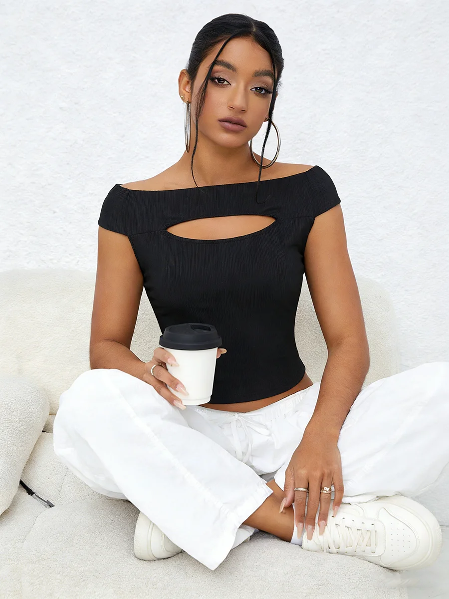 Women's T-Shirt Spring Summer Black Ribbed Knit Off Shoulder Cutout Slim Fit Valentine's Day Sexy Party Top