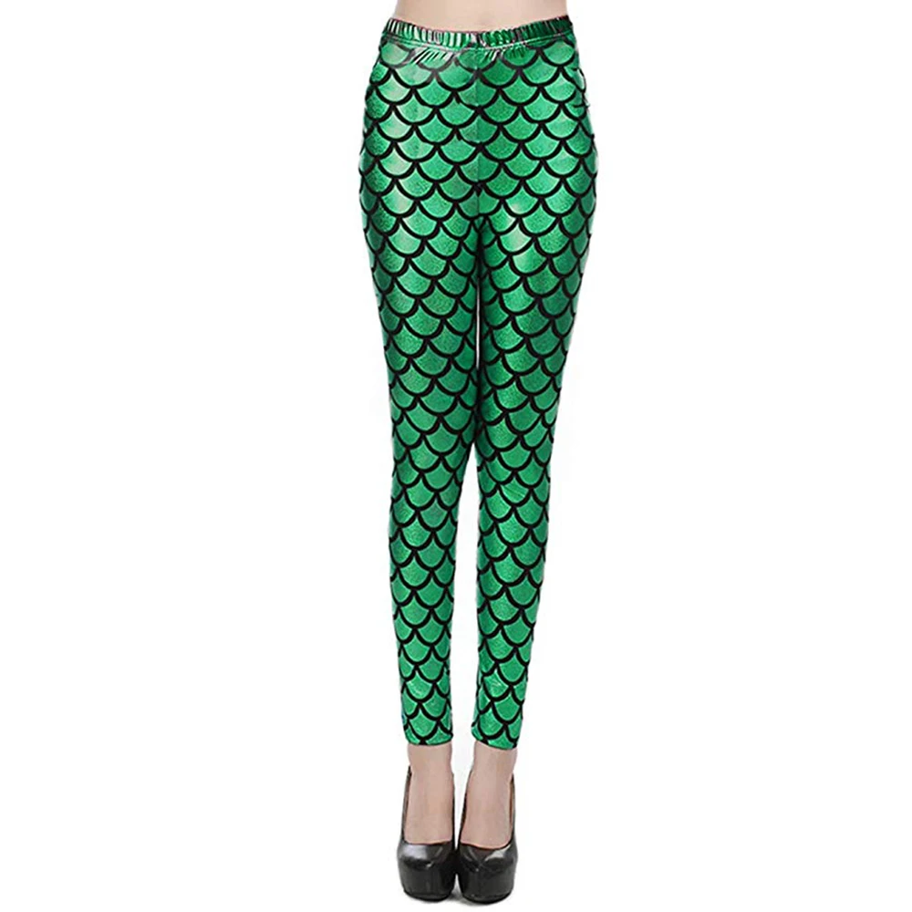 

Aoylisey Women's Mermaid Legging In Shiny Green Fish Scale Design High Waisted Stretch Pants For Casual And Party Wear