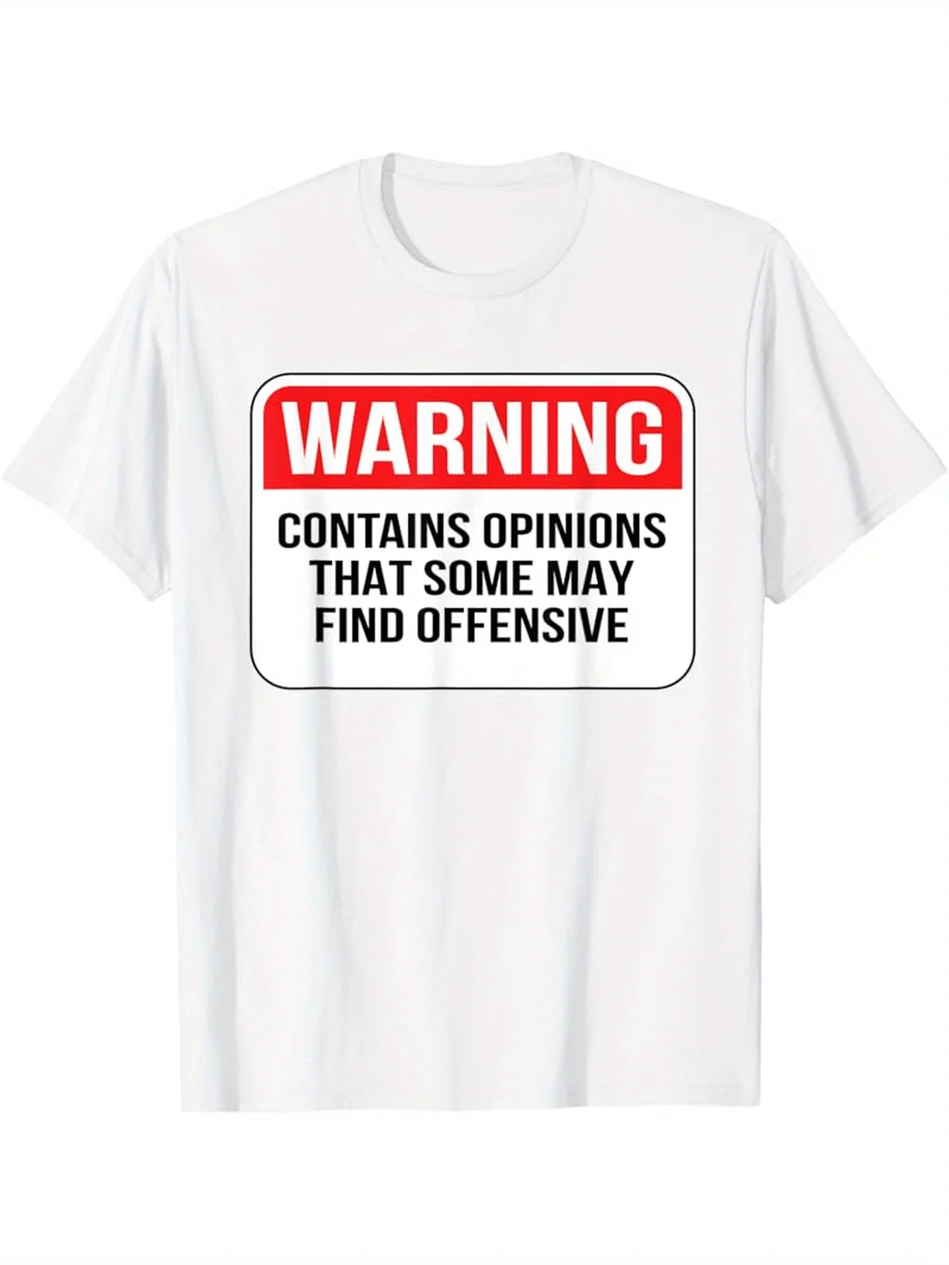 Warning Contains Offensive Opinions Sarcastic Humor Graphic Tee Black T-Shirt Caution Sign Text Cotton Regular Fit Shirt