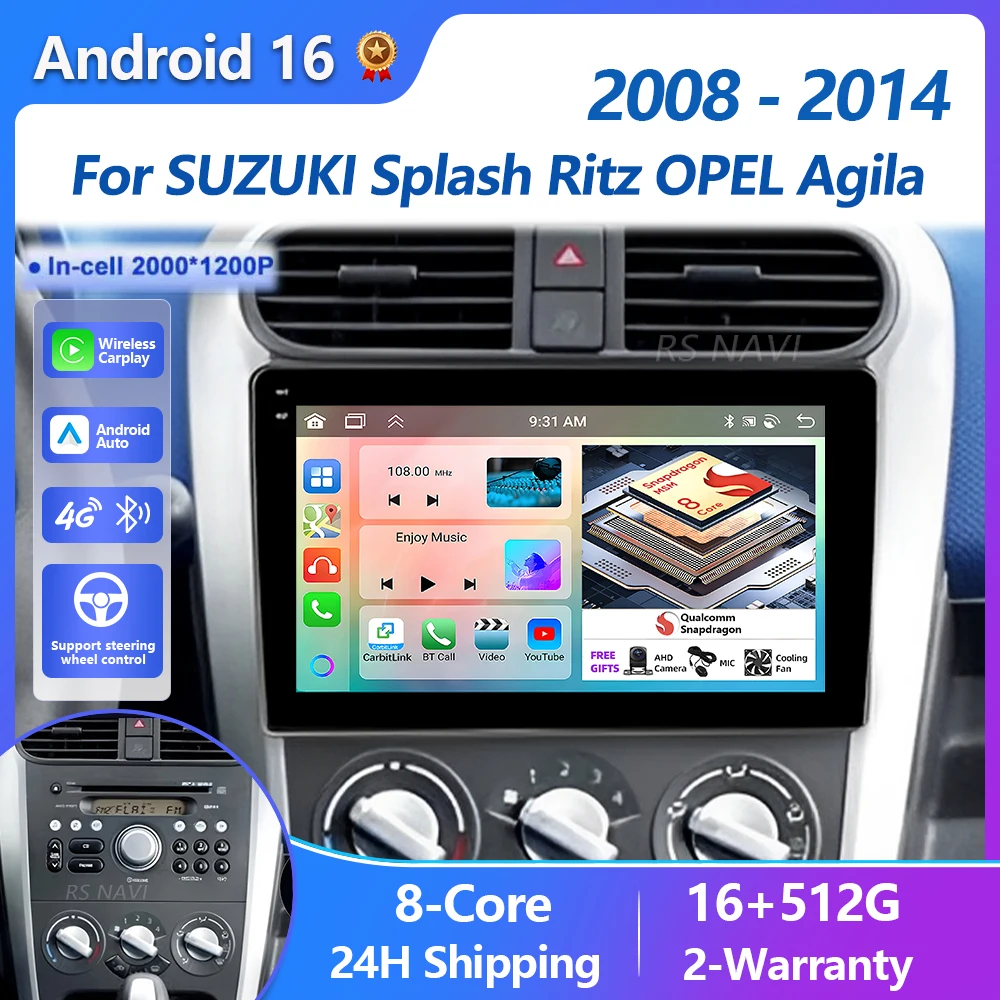 Android 16 Carplay Auto Screen Car Radio DAB+ Multimedia Player For SUZUKI Splash Ritz OPEL Agila 2008 - 2014 Autoradio Stereo