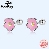 TrustDavis Real 925 Sterling Silver Kids Stud Colour Glaze Flower Screw Stud Earrings For Daughter Girls Fine Jewelry Gift DF362