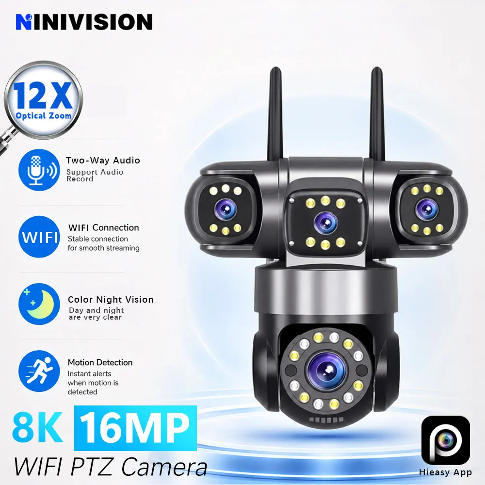 16MP 4 Lens WiFi PTZ Security Camera 12X Optical Zoom Auto Tracking Human Detection IR Night Vision Audio Record App Remote View