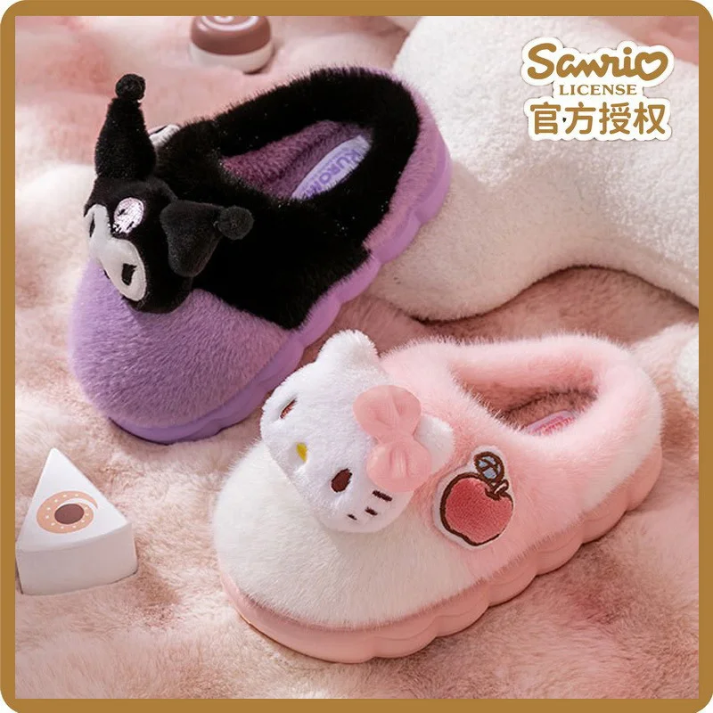 Sanrio Hello Kitty cute sweet warm home women's shoes Kulomi cartoon splicing simple non-slip plush thick-soled cotton slippers