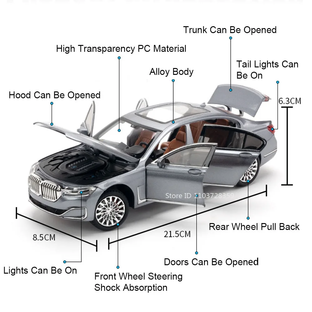 1:24 I5M60 Model Toy Miniature Cars Alloy Diecast 760Li SUV Sound Light 6 Doors Opened Pull Back Ornament Car Toys for Kid Gifts