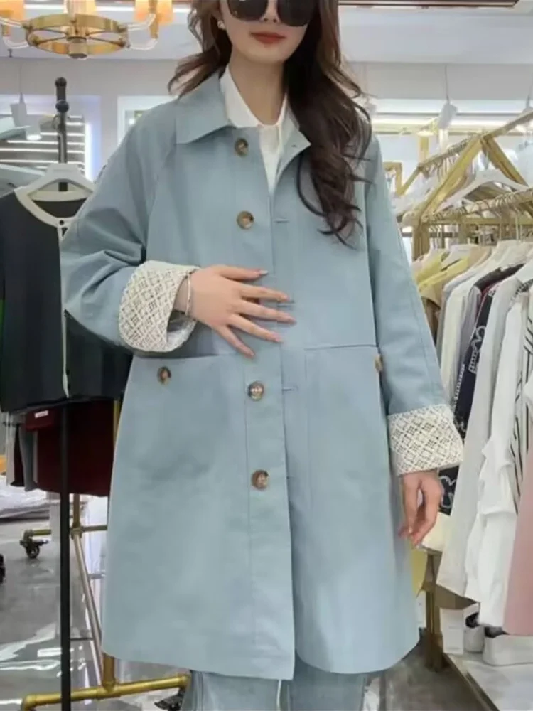 Korean Style Lace Sleeve Patchwork Coat Women's Spring Autumn New Super Beautiful Midi Loose Coat Long Sleeve  Collar