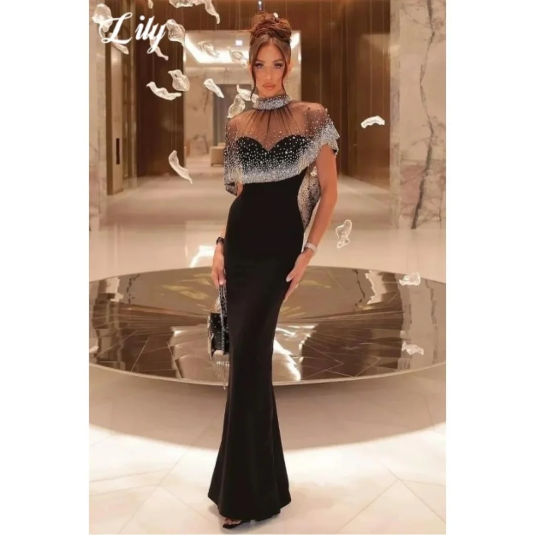 Vestido de Festa em Cetim Preto Lily, Vestido de Noite com Ombros Descidos, Adornado com Cristais, Vestido Personalizado para Mulheres