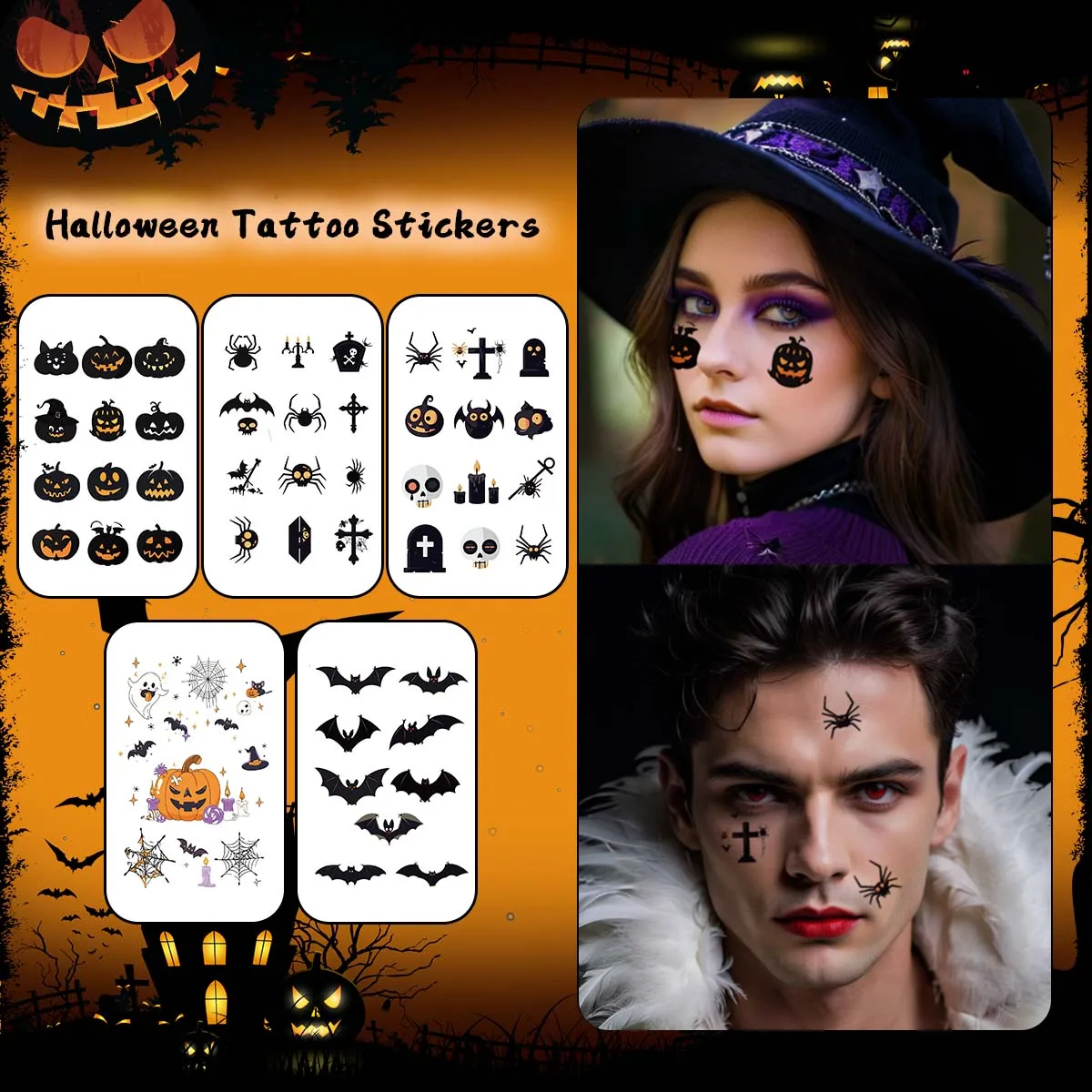 

4/5Pcs Halloween Temporary Tattoo Sticker Realistic Pumpkin Bat Wood Blood Waterproof Tattoo Sticker Body Art DIY Party Makeup
