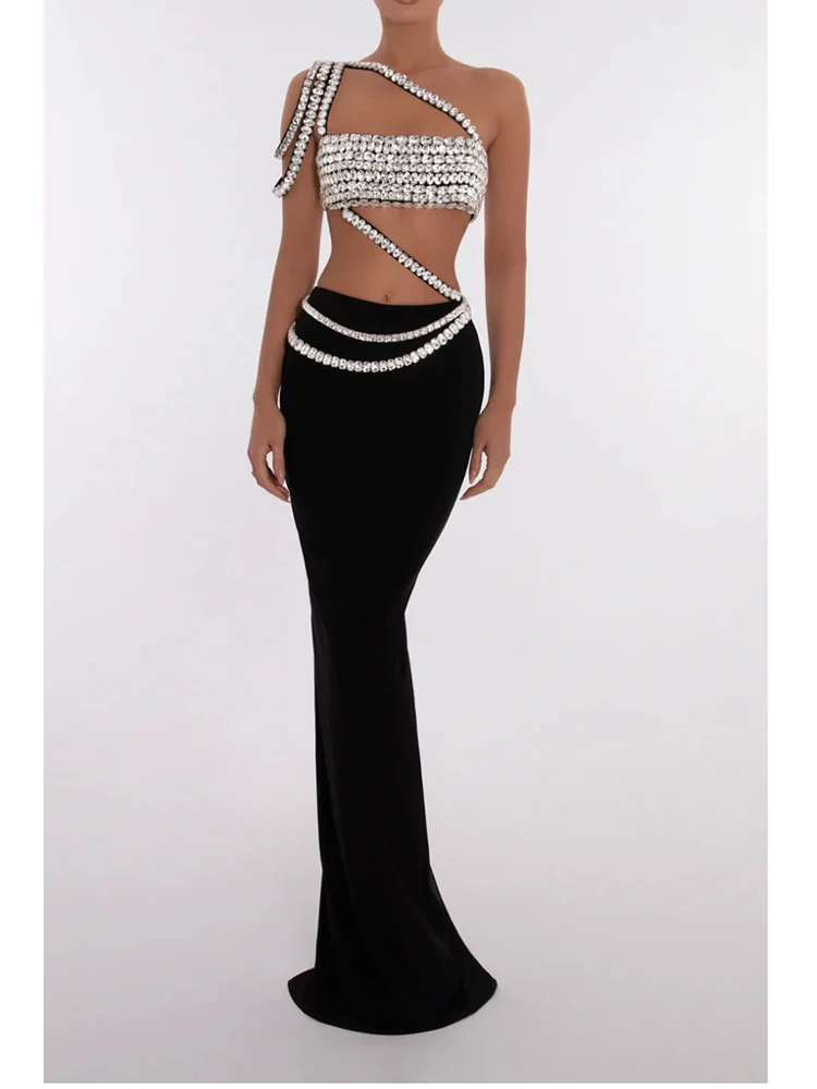 

High Quality Women Black Skirts Suits Sexy Luxury Diamond Short Top + Long Skirt Two-Piece Sets Party Evening Runway Set