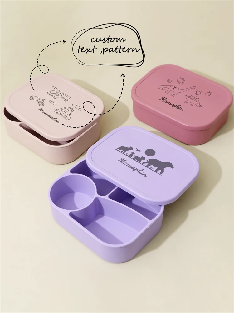 

1PCS Custom Name Silicone Baby Food Storage Box Four Compartment BPA Free Food Grade Solid Color Portable Toddler Lunch Box