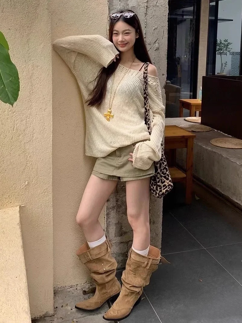 Spring Summer 2026 Women's Fashion Boots High Tubc Rough Texture Belt Buckle Pleated Booties Comfortable Soft Rubber Sole