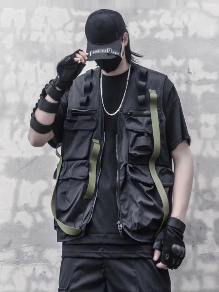 

Dark Tooling Ribbon Paratrooper Vest Techwear Style Streetwear Clothes Multi-Pocket Loose-Fitting Waistcoat Men's and Women's