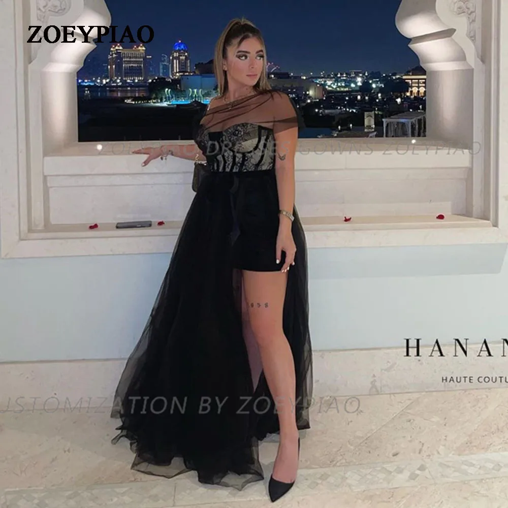 

Elegant Black Lace Tulle Prom Dresses One Shoulder Side Slit Puffy Evening Dress Custom Simple A-line Pleat Saudi Arabia 2024