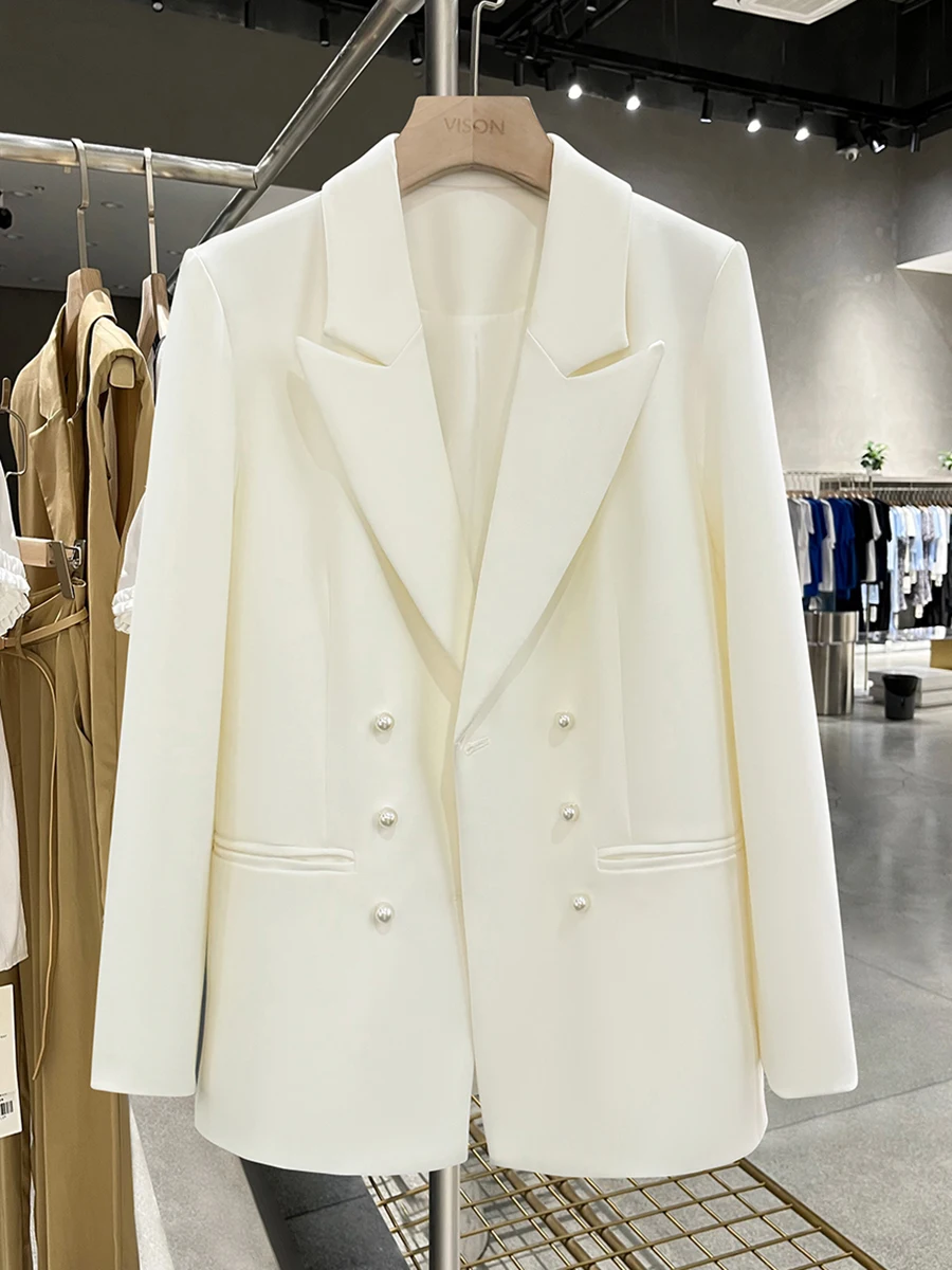 

Женский модный двубортный пиджак Ele White Pearl Button Suit Jaet с жемчужными пуговицами, весенне-осенняя верхняя одежда