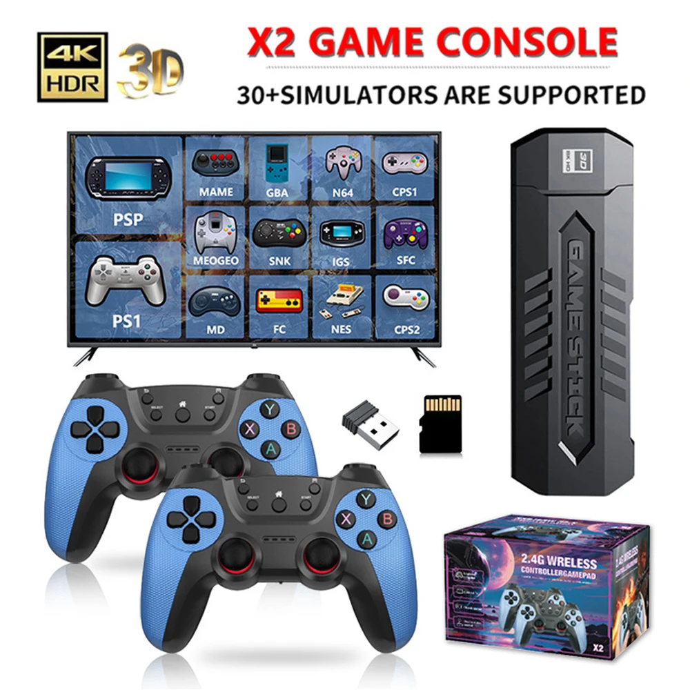 Console de Videogame X2 Game Stick 256G com 60000+ Jogos em 4K HD, Controle Sem Fio 2.4G Duplo, Game Stick para N64/PSP