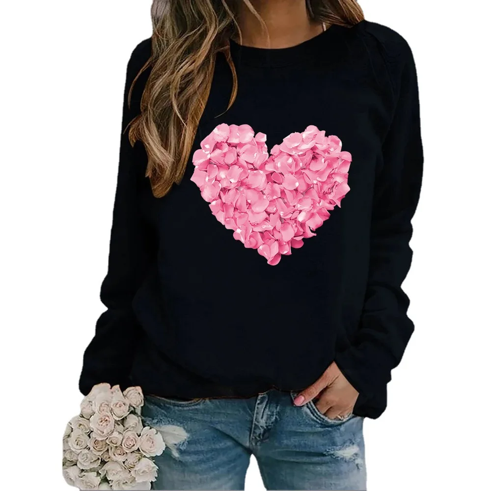 Crew-neck Hoodie Pink Petal Love Print New European and American Valentine's Day Hot Sales Streetwear Women  Sweatshirt