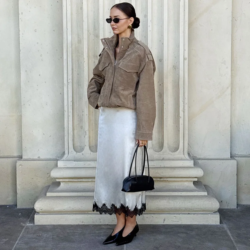 Linad الشارع شيك الأبيض الدانتيل التنانير الطويلة للمرأة أنيقة الساتان ميدي العجل تنورة الإناث الخريف موضة التنانير الحريرية فضفاضة 2025