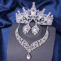 Luxury Silver color Crown Bridal Jewelry Sets Rhinestone Tiaras and Necklace Earrings Wedding Dubai Jewelry Set Prom Accessories