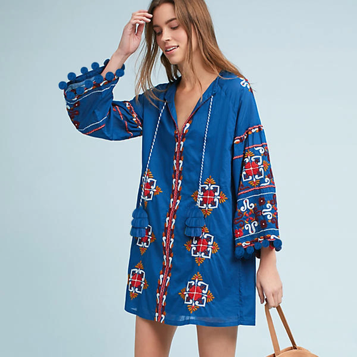 2025 Vacanza Palma Abito a tunica ricamato con scollo a V Casual Boho Mini abiti Manica lunga Autunno Abito da donna Pullover Abito corto