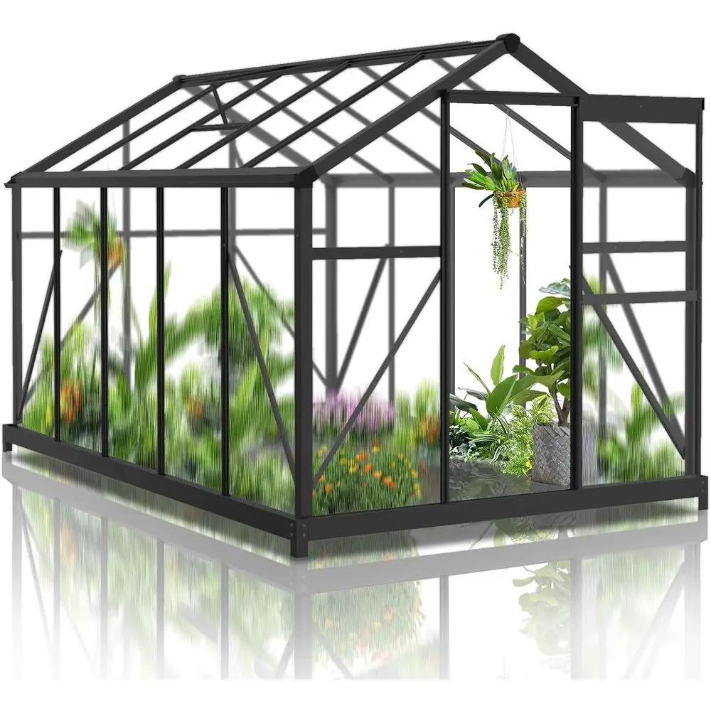 

6x10ft Twin-Wall Polycarbonate Greenhouse Kit with 5 Roof Vents for Heavy-Duty Plant Protection and Home Gardening (Black)