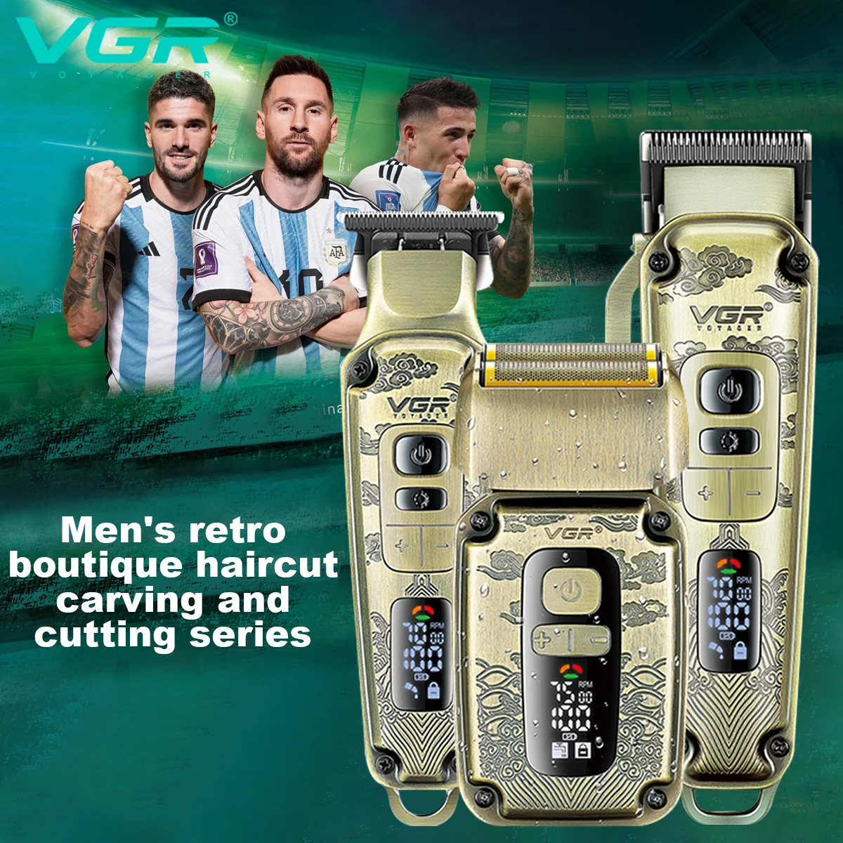 VGR プロフェッショナルハイエンドヘアトリマーセット、レトロメタル電動プッシュシザー、家庭用 LED インテリジェントデジタルバリカン、シェーバー