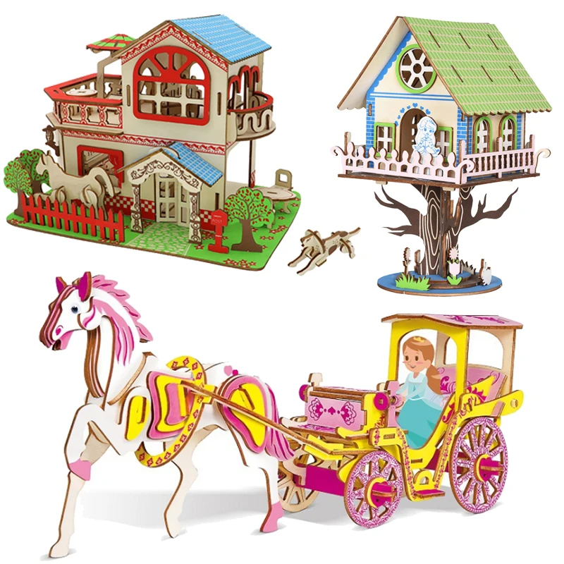 Princess Paradise Tree 3D Wooden Puzzle The Royal Carriage Play House Building Model DIY Kids Toys For Children Girls Games Gift