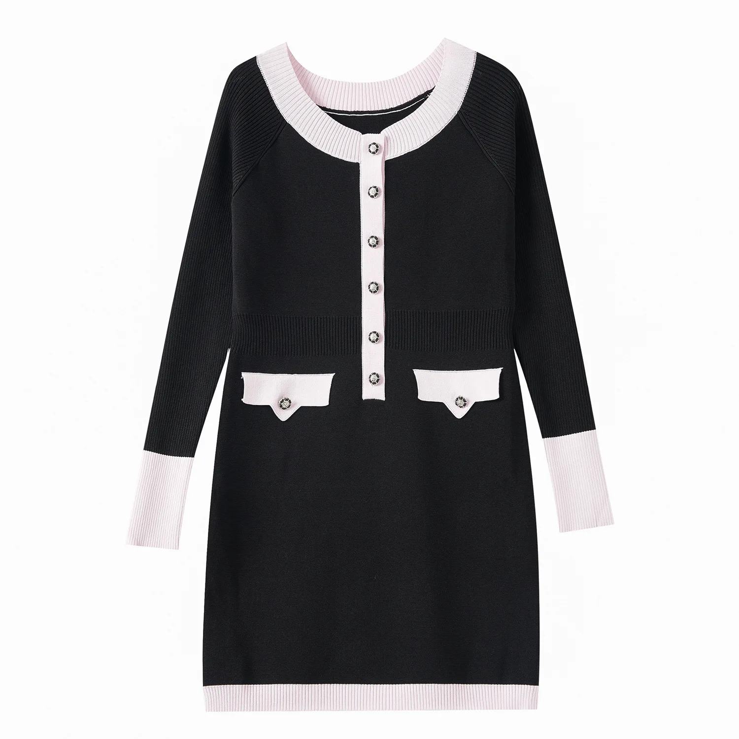 ZJYT 여성 대비 색 니트 스웨터 드레스 긴 소매 슬림 Bodycon 칼집 미니 파티 드레스 봄 2025 패션 가운