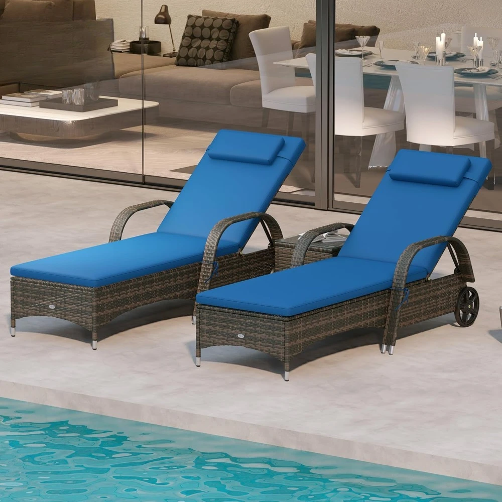 

Wicker Outdoor Chaise Lounge Chair Set of 3 with Side Table, 5-Level Adjustable Backrest PE Rattan Pool Lounge, Customized