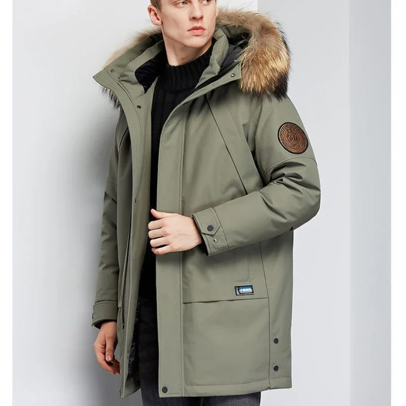 Medium Long Outwear 2025 Back Season Clearance Men Parks with Large Hair Collar Fashion Business Casual Hooded Down Trench Coat