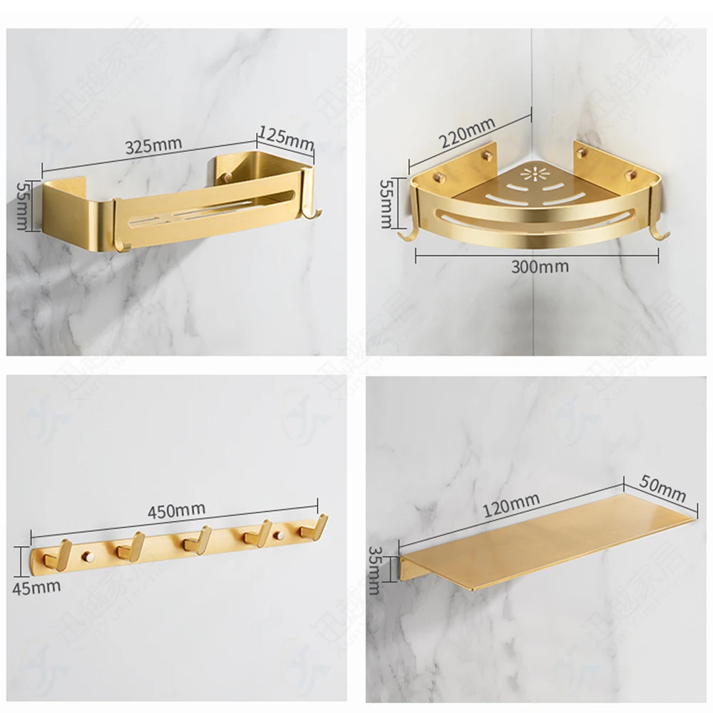 Porta asciugamani in oro con ganci Spazio Doccia in alluminio Pieghevole Organizzatore da parete Appendiabiti Mensola portaoggetti Accessorio hardware per il bagno