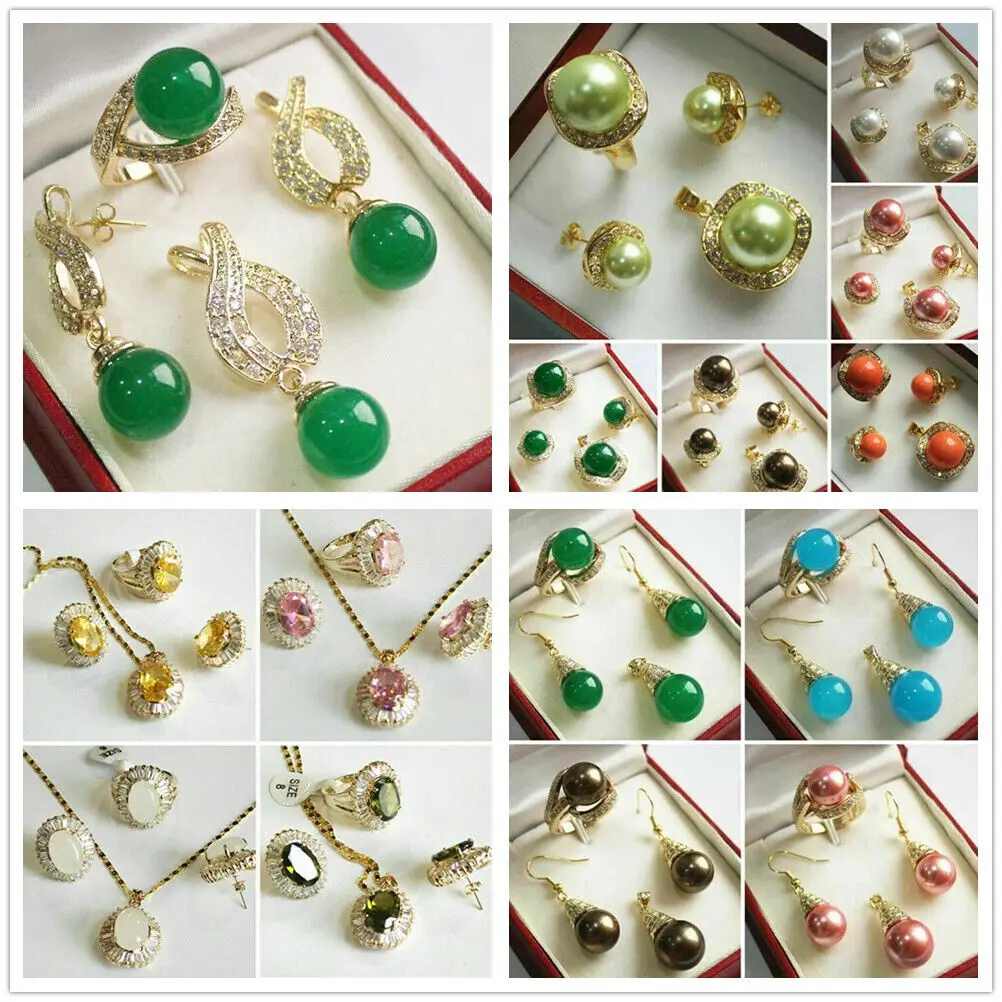 

Women's Jade Shell Pearl Zircon Gems Pendant Necklace Earrings Ring Jewelry Set