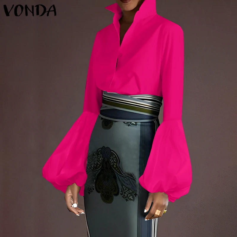 Plus Size 5XL Vonda Vrouwen Elegante Effen Kleur Blouse 2025 Mode Bladerdeeg Lange Mouwen Casual Revers Hals Tops Losse Blusas