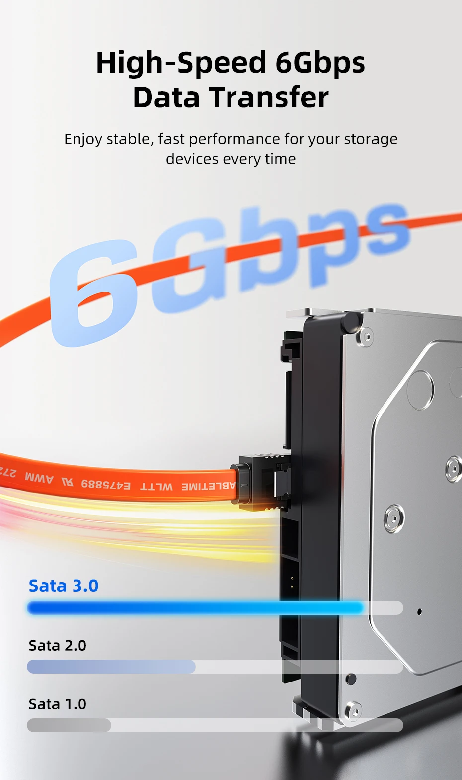 CABLETIME 6 Gbit/s SATA-Kabel 3.0 zu Festplatte SSD HDD Sata3 Gerades rechtwinkliges Kabel Schnellübertragungskabel für Desktop – Detail 3