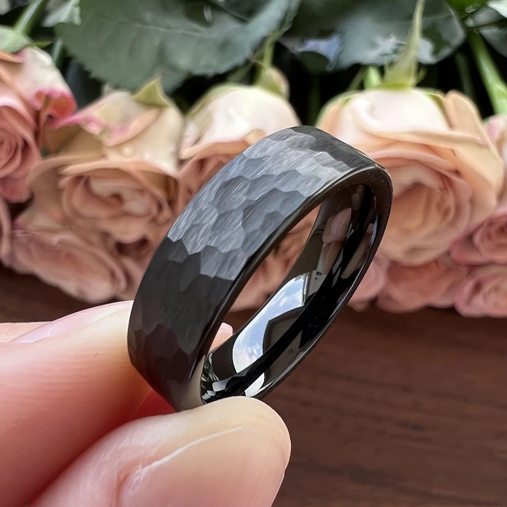 6mm Wolfram karbid ring vielfältig gehämmert für Männer Frauen Verlobung Ehering gebürstet fertig Komfort Passform – Detail 3