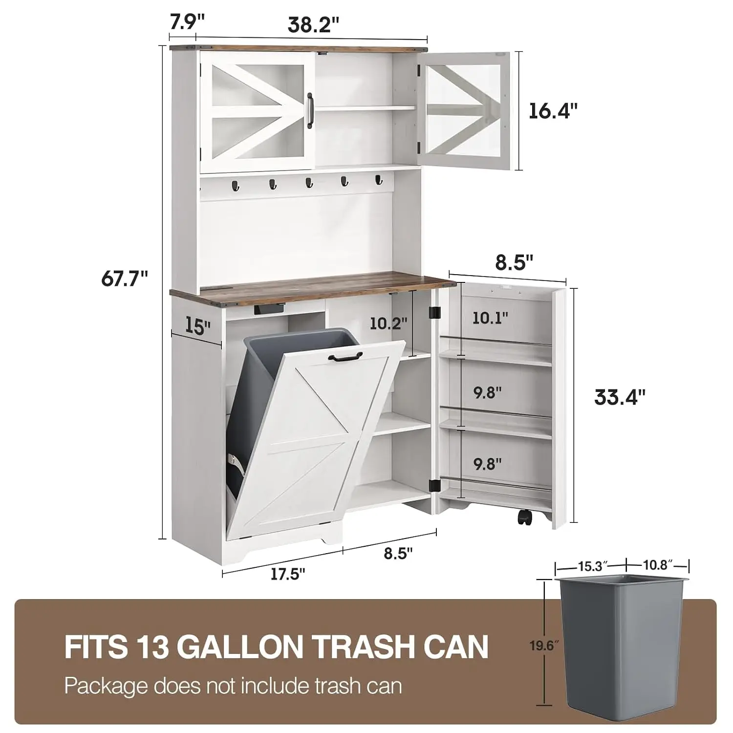 Kitchen Storage Cabinet with LED & Outlet, Tall Hutch with Trash Can & Deodorizer, Farmhouse Cupboard with Countertop Customized