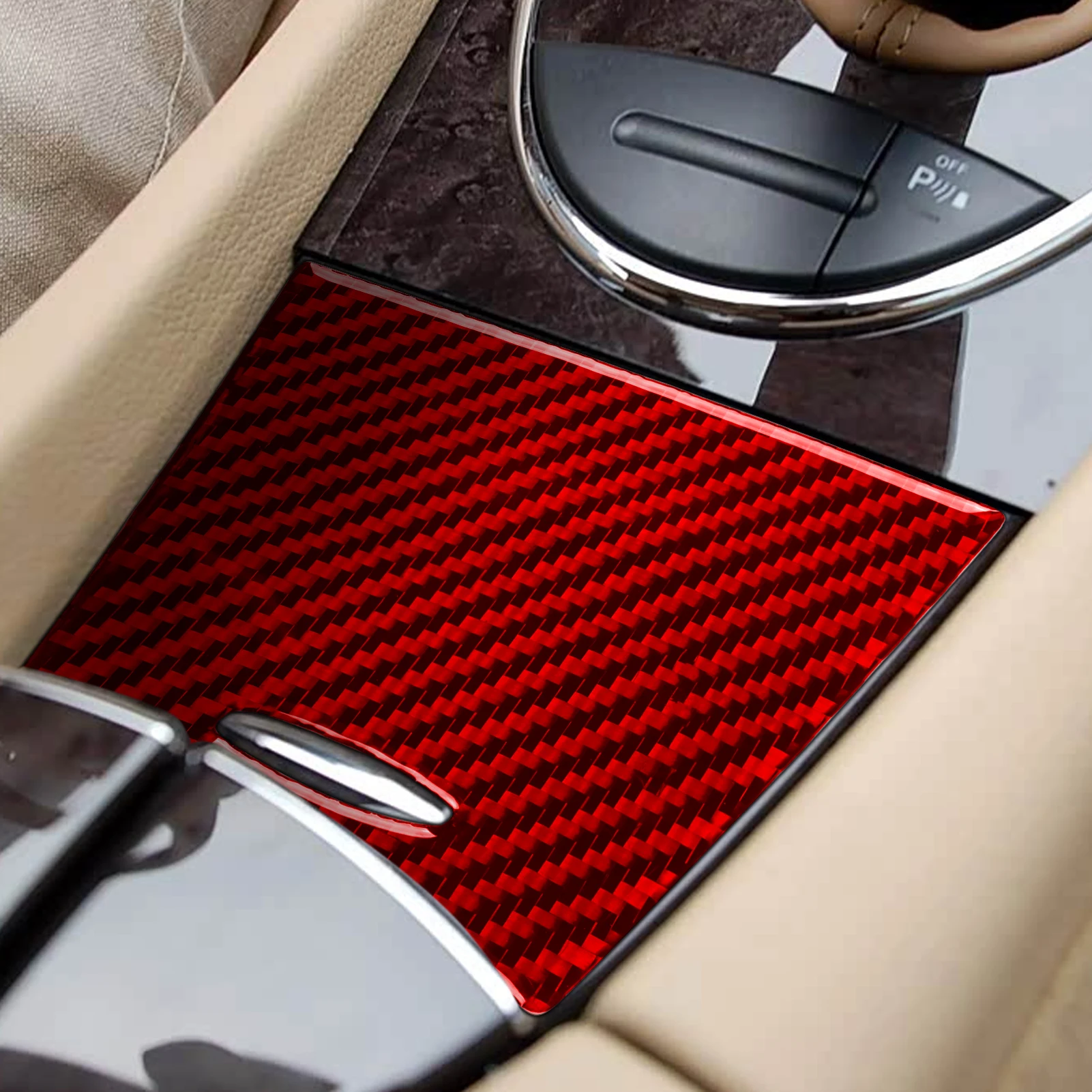 For Benz E-Class W211 2003-2009 Central Water Cup Holder Panel Red Soft Carbon Fiber Car Interior Accessories Decoration Sticker
