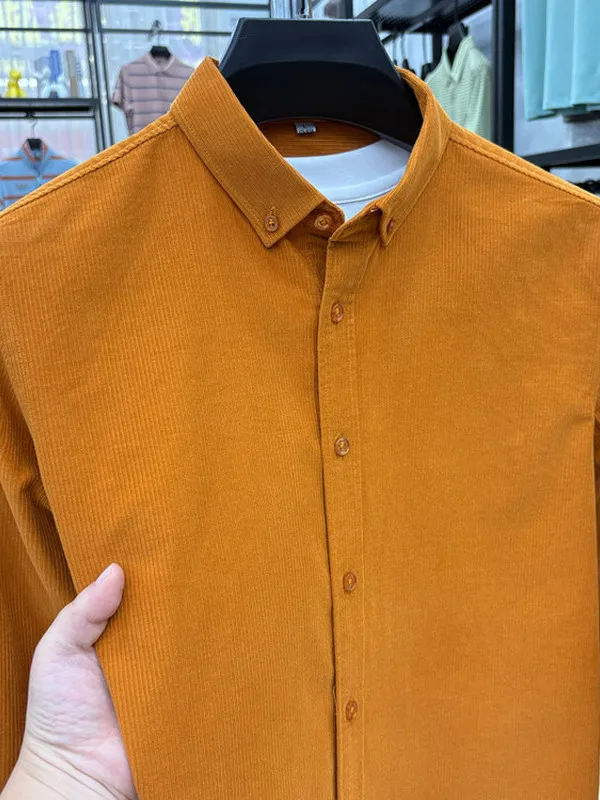 

Мужская повседневная рубашка с длинным рукавом, приталенного кроя, несминаемая, не требующая глажки, оранжевого цвета, дышащая, комфортная