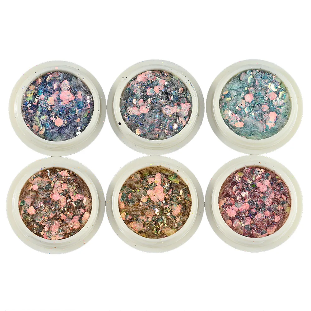 6 الجرار مكتنزة بريق مجموعة الأزرق الفضة الذهب المجسم الشعر العين الوجه الجسم مسمار بريق ماكياج التجميل حورية البحر فضفاض السائبة بريق