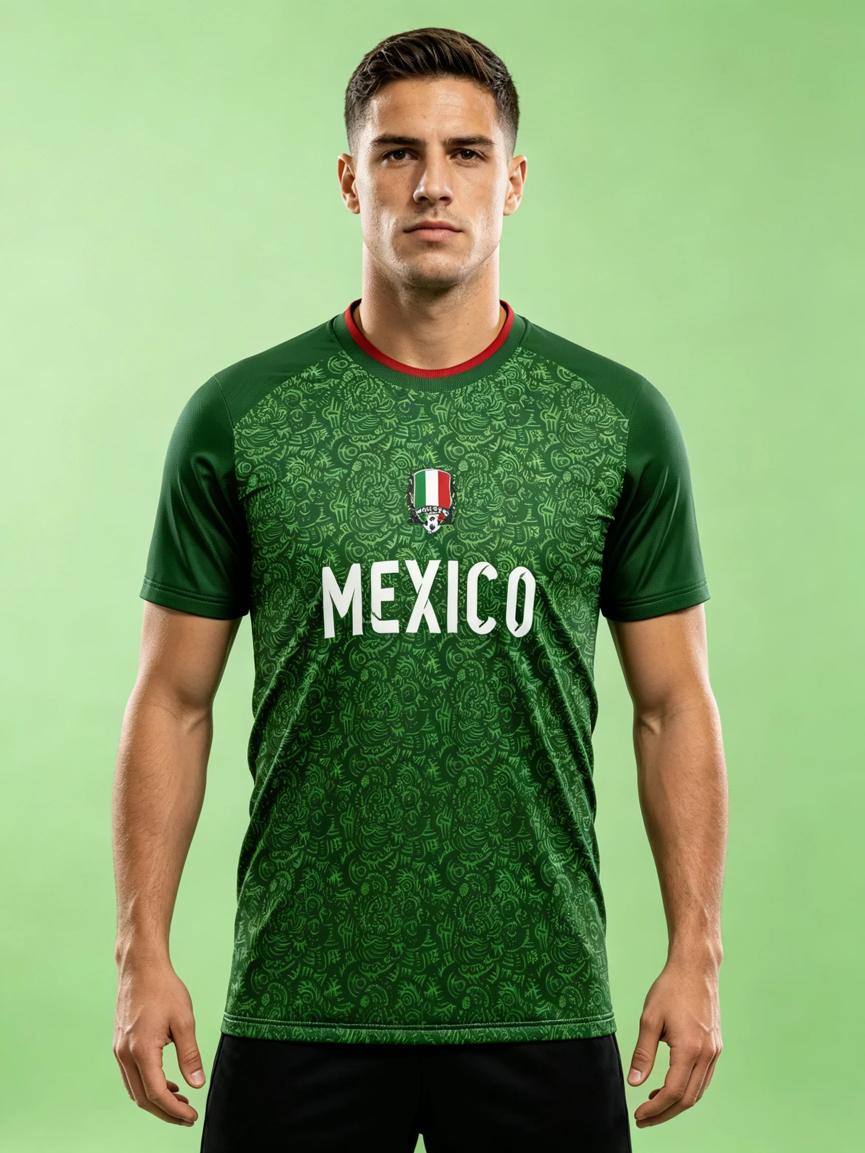Mexico themed football jersey,raglan short sleeves,full ethnic subtle pattern,moisture‑wicking fabric,athletic fit