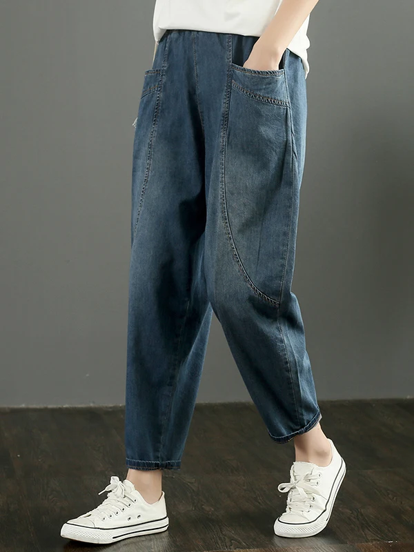 กางเกงยีนส์เอวสูงผ้ายืดสำหรับผู้หญิง แฟชั่นฤดูร้อน ทรงสลิมหลวม สไตล์ลำลอง ทรงฮาเร็ม ผ้าบาง สีเข้ม ความยาวเก้าส่วน