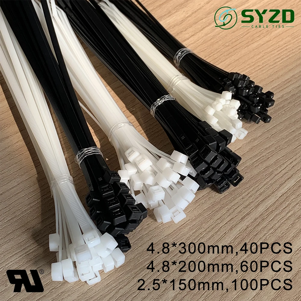 Self-locking plastic nylon tie set 200 PCS black and white 2.5*150/4.8*200/4.8*300 cable tie fastening ring cable tie zip wraps