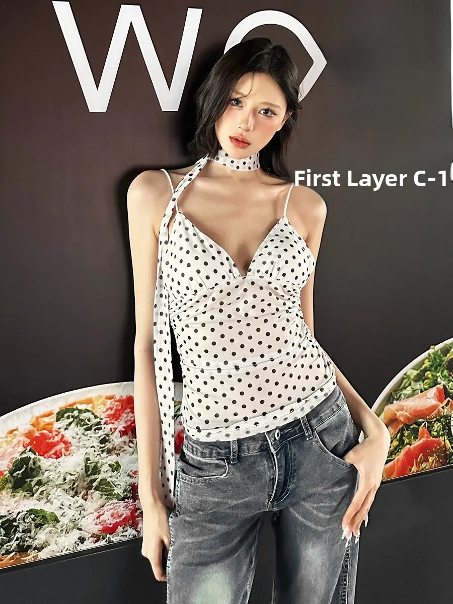 WEIRD PUSS Romantic Polka Dot Print Semi-Transparent ter Top Women Sli Spicy Girl Versatile Top Trendy ort Sve