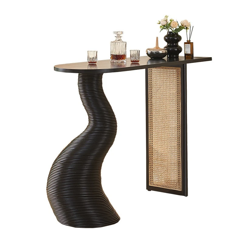 

Solid wood rattan bar, simple household high stool against the wall, bar cafe, bar bar and chair combination
