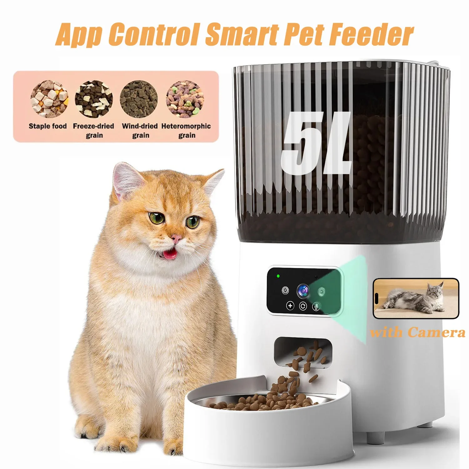 

5L Automatic Cat Feeder WiFi Camera HD Live Video Timed Cat Food Dispenser Interactive Feeding APP Smart Pet Feeder For Cats Dog