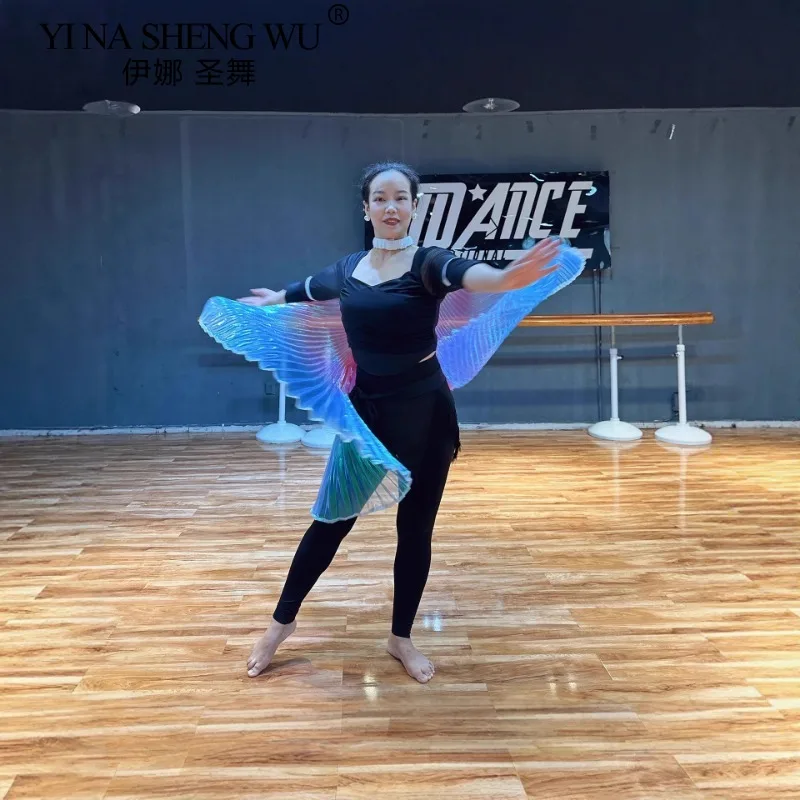 Accesorio de danza del vientre para adultos, gancho de mano con ala trasera, ala transparente colorida, accesorio de rendimiento, capa, ala de escenario para espectáculos de baile