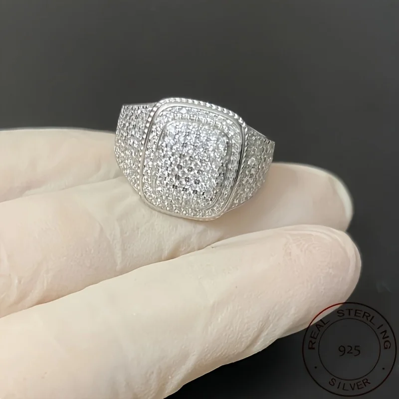 925 فضة مثلج خارج بلينغ الرجال العنقودية الخنصر الدائري مستطيل الهيب هوب نمط الزفاف الفرقة خواتم الذكور المجوهرات #4