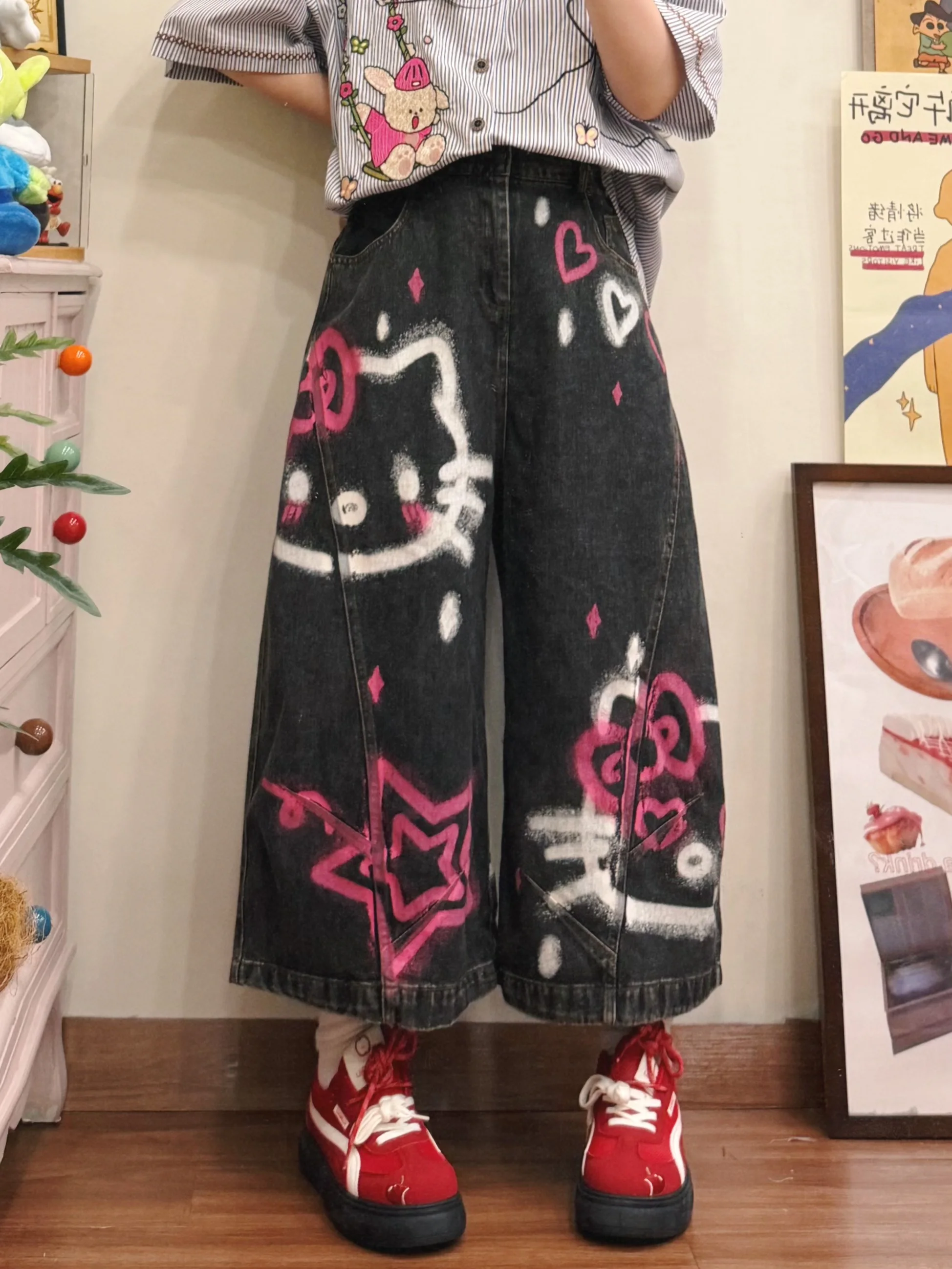 

Street Style American Retro Graffiti Print Wide Leg Jeans Loose Design Women's Seven-Foot Pants Natural Waist Denim