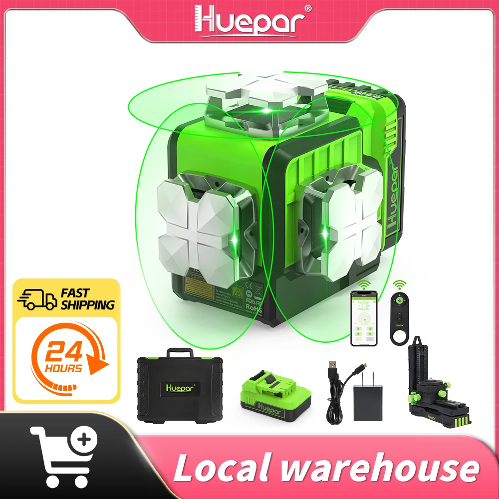 

Huepar P03CG 12-Line 3D Green Cross-Line Laser Level - Self-Leveling, Bluetooth, Remote Control, Hard Carry Case