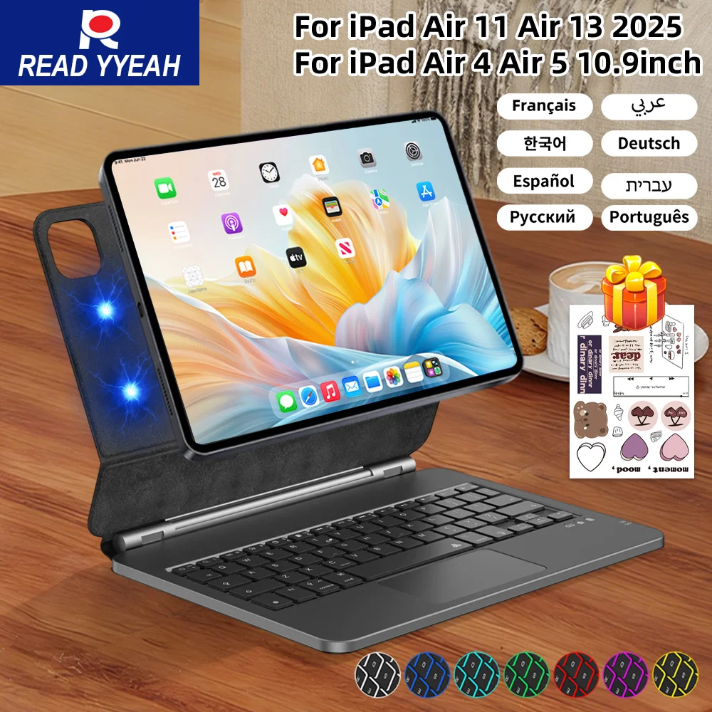 

2026 Мультисенсорная волшебная Bluetooth-клавиатура для iPad 10-го поколения 11 A16 Pro 11 12,9 13 Air 4 5 Магнитный чехол для iPad Испанский иврит Корейский