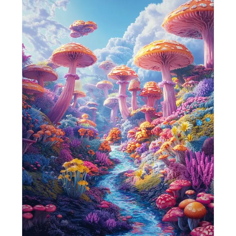 

PhotoCustom Paint By Numbers Kit Mushroom River Scenery Paiting By Numbers Home Decoration Crafts For Adults