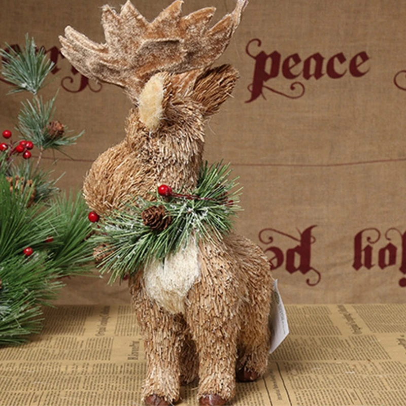 GJ Christmas Artificial Straw Elk Ornament Handmade Raise Turn for Head Reindeer Forest Animal for Doll Standing Figurines Home